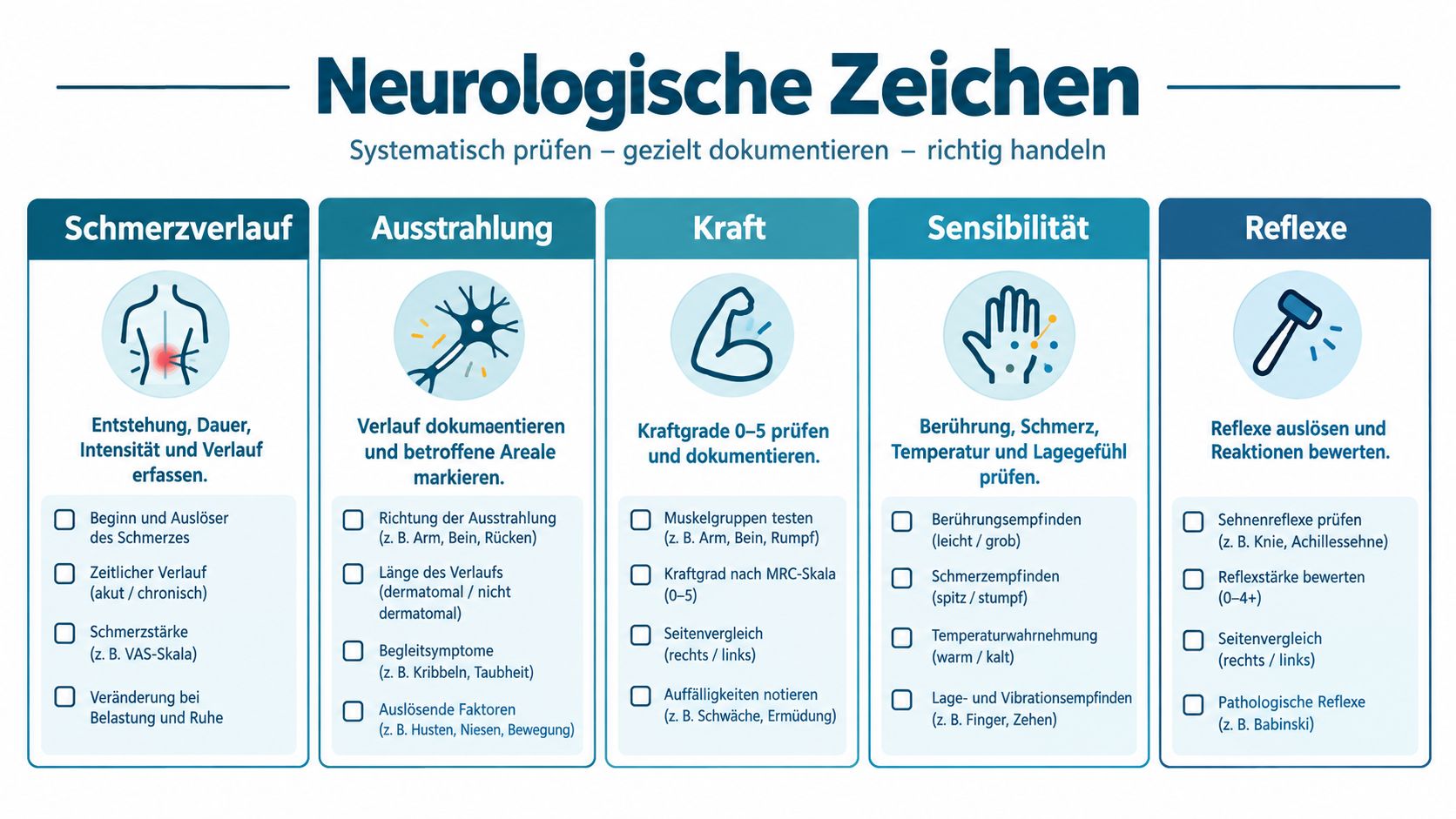 Übersicht zu neurologischen Zeichen: Prüfung von Schmerzverlauf, Ausstrahlung, Kraft, Sensibilität und Reflexen bei der Patientenuntersuchung.