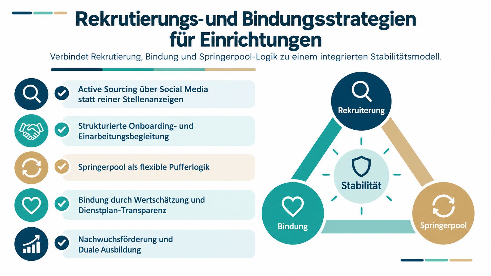 Grafik über Rekrutierungs- und Bindungsstrategien für Pflegeeinrichtungen zur Sicherung der Personalstabilität und Mitarbeiterzufriedenheit im Unternehmen.