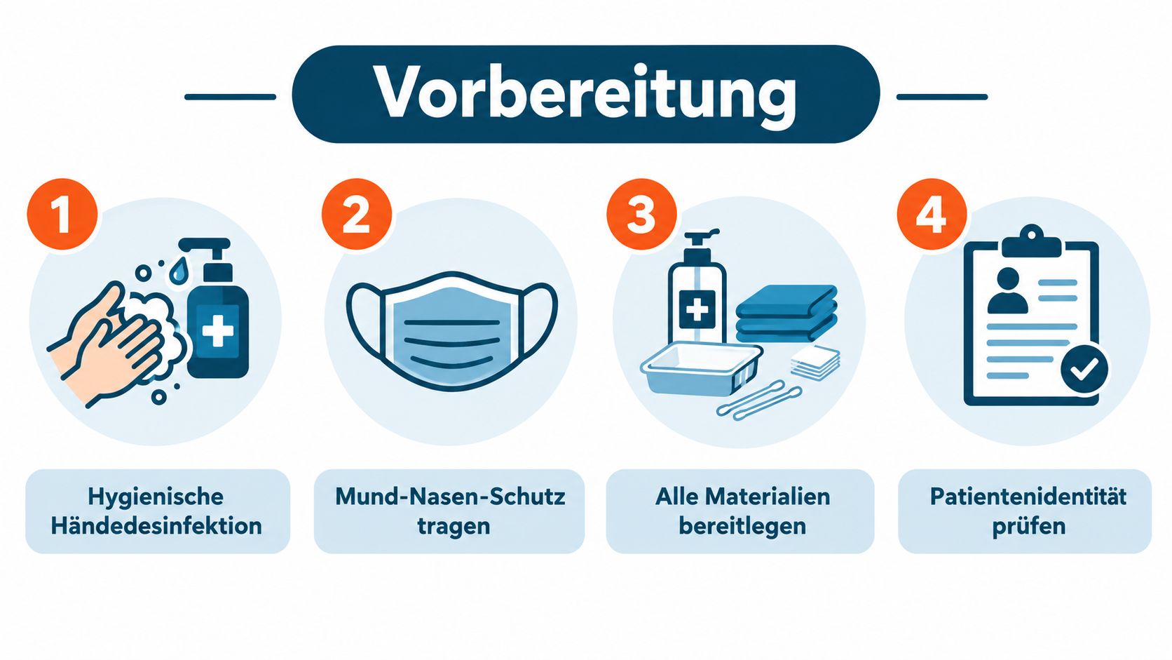 Eine Infografik mit vier Schritten zur Vorbereitung einer medizinischen Handlung, beginnend mit Händedesinfektion und Patientenidentitätsprüfung.