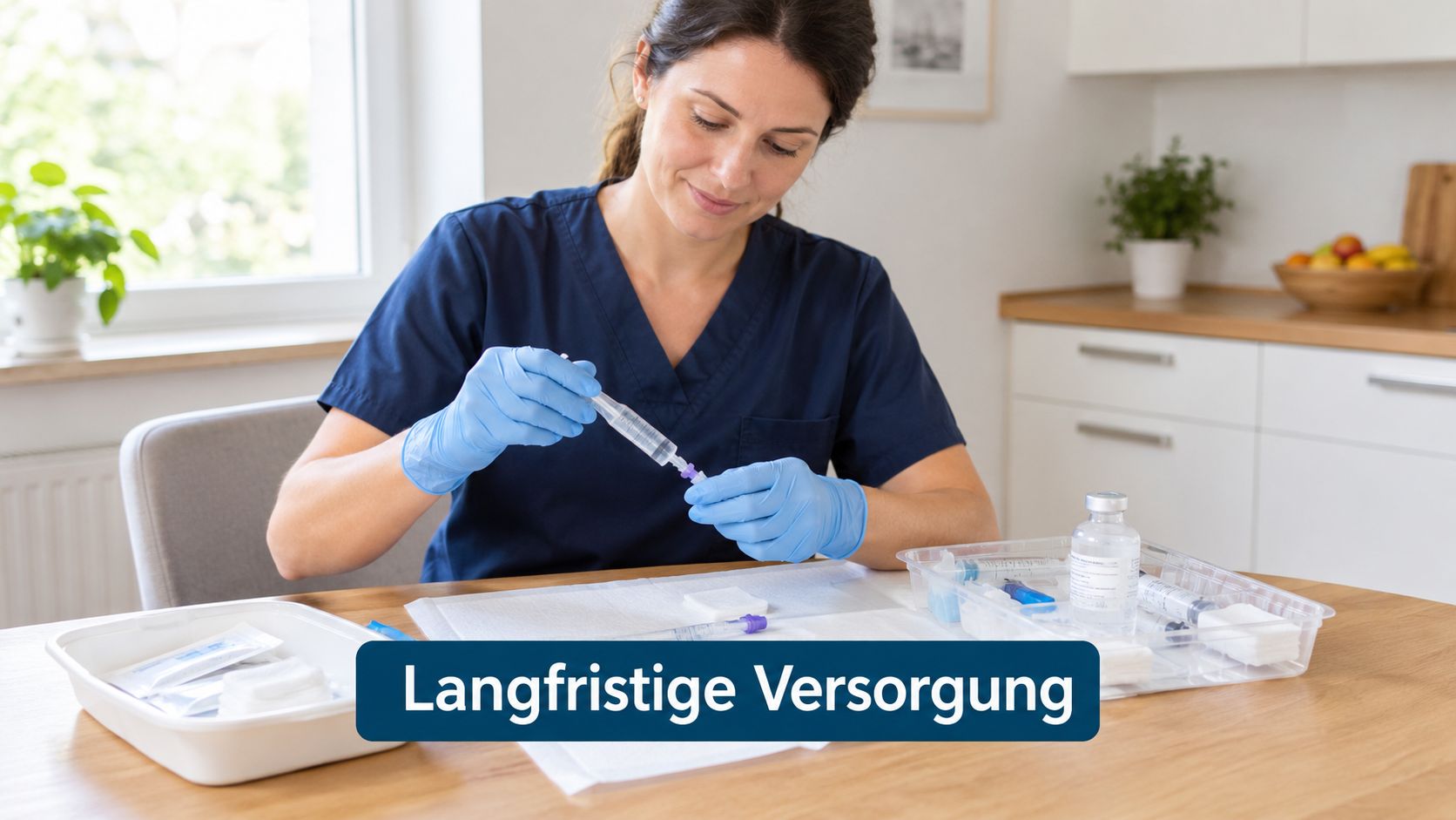 Eine Pflegekraft bereitet in einer häuslichen Umgebung medizinische Spritzen für eine langfristige Versorgung vor.