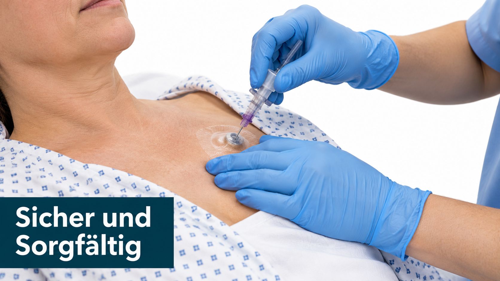 Eine medizinische Fachkraft punktiert den implantierten Port einer Patientin unter hygienischen Bedingungen mit einer speziellen Nadel.