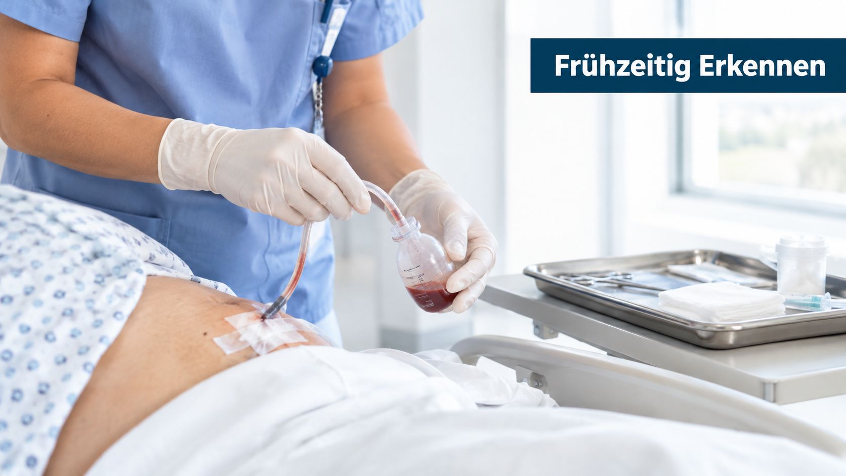 Eine Pflegekraft versorgt mit Handschuhen eine chirurgische Wunddrainage bei einem Patienten im Krankenhausbett.