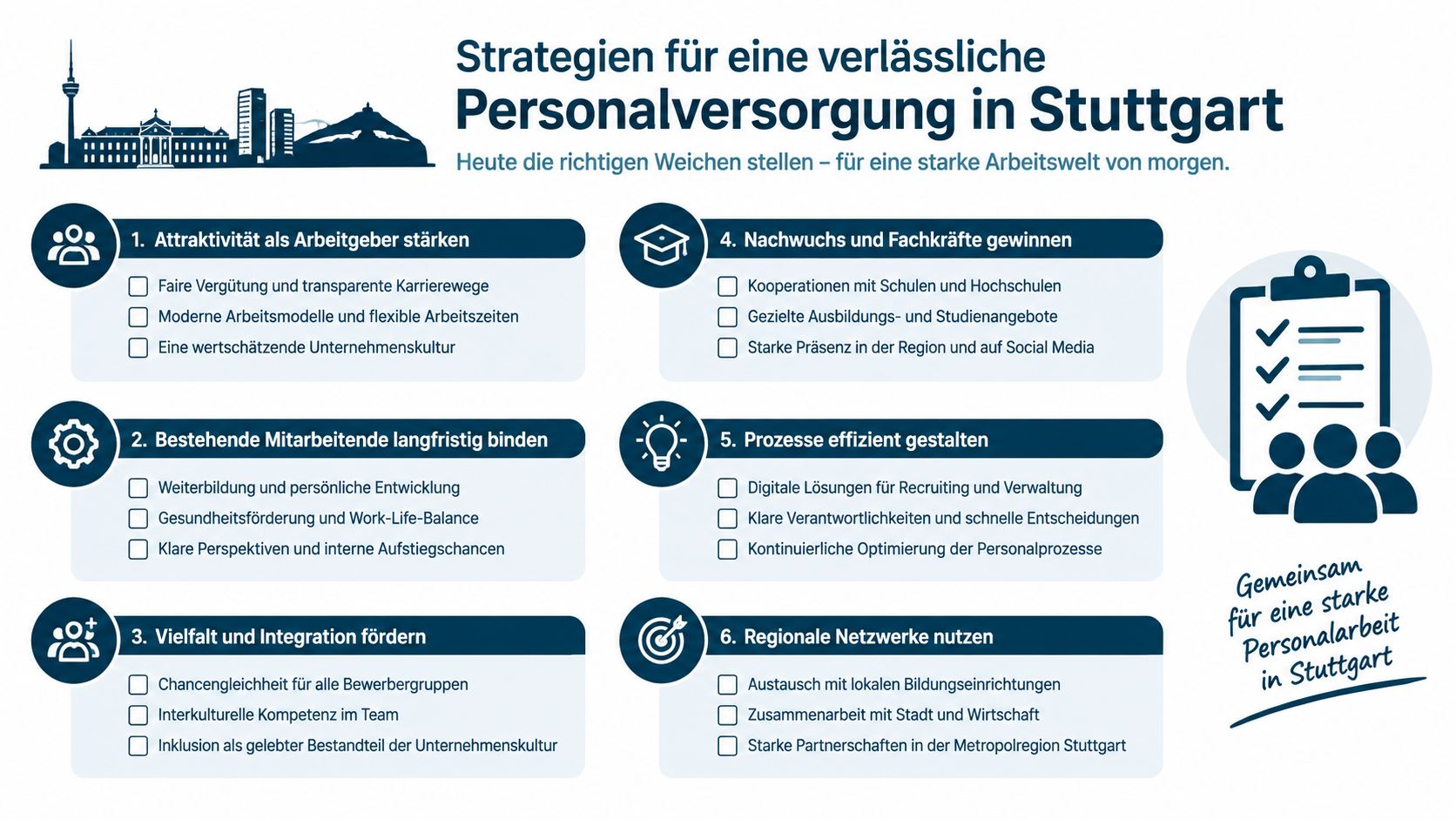 Eine Infografik zu Strategien für eine verlässliche Personalversorgung in Stuttgart mit sechs zentralen Handlungsfeldern.