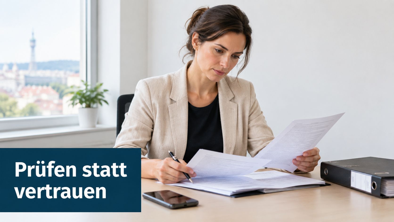 Eine professionelle Frau im Büro prüft konzentriert Unterlagen, während im Hintergrund ein Fenster mit Stadtblick zu sehen ist.