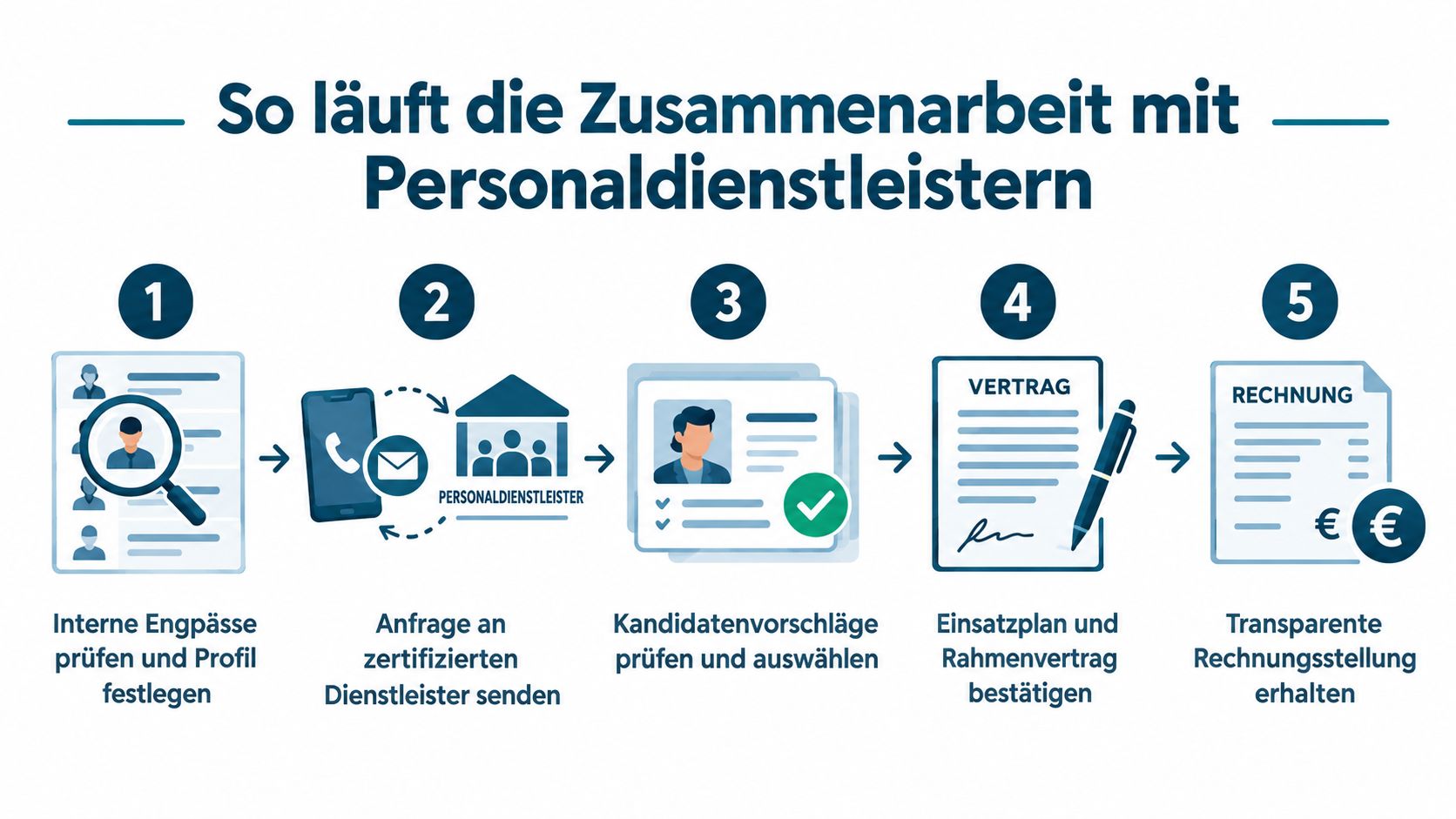 Grafik zur fünfstufigen Zusammenarbeit mit Personaldienstleistern von der Bedarfsanalyse bis zur transparenten Rechnungsstellung bei der Zeitarbeit.
