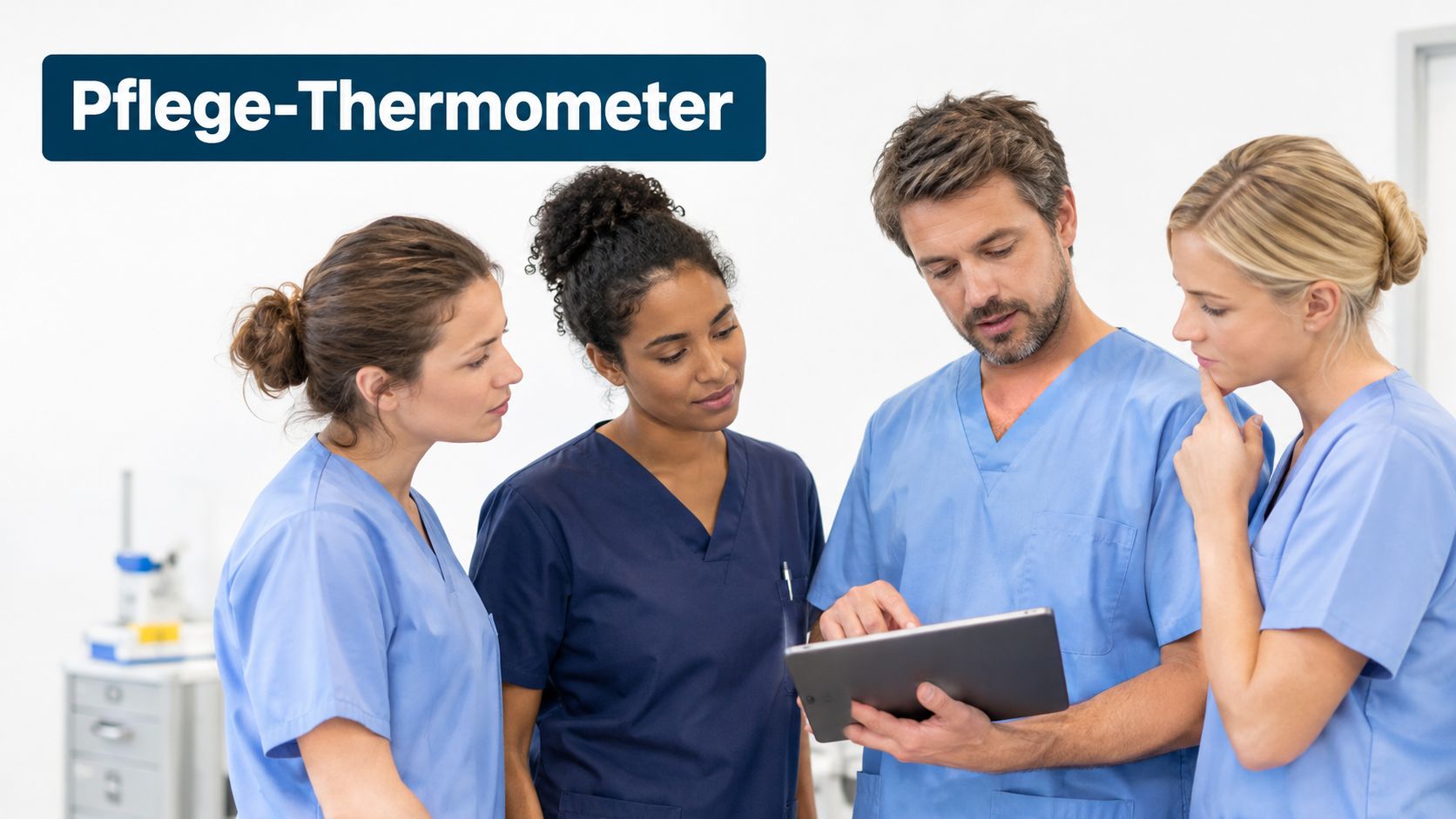 Ein medizinisches Team von vier Personen steht zusammen und berät sich gemeinsam über ein Tablet.