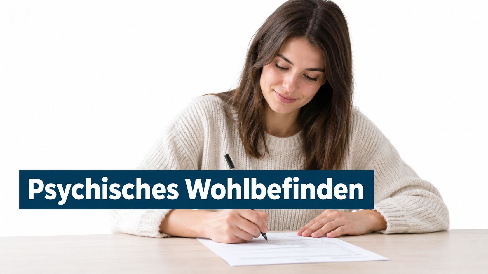 Eine junge Frau füllt konzentriert einen Fragebogen zum Thema psychisches Wohlbefinden an einem Holztisch aus.