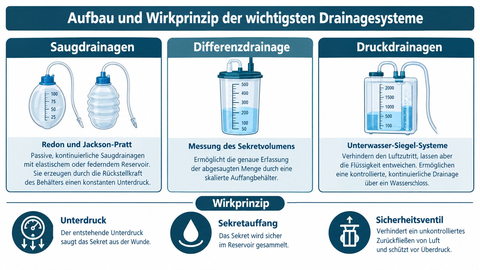 Infografik zum Aufbau und Wirkprinzip der drei wichtigsten Drainagesysteme: Saugdrainage, Differenzdrainage und Unterwasser-Siegel-Systeme.